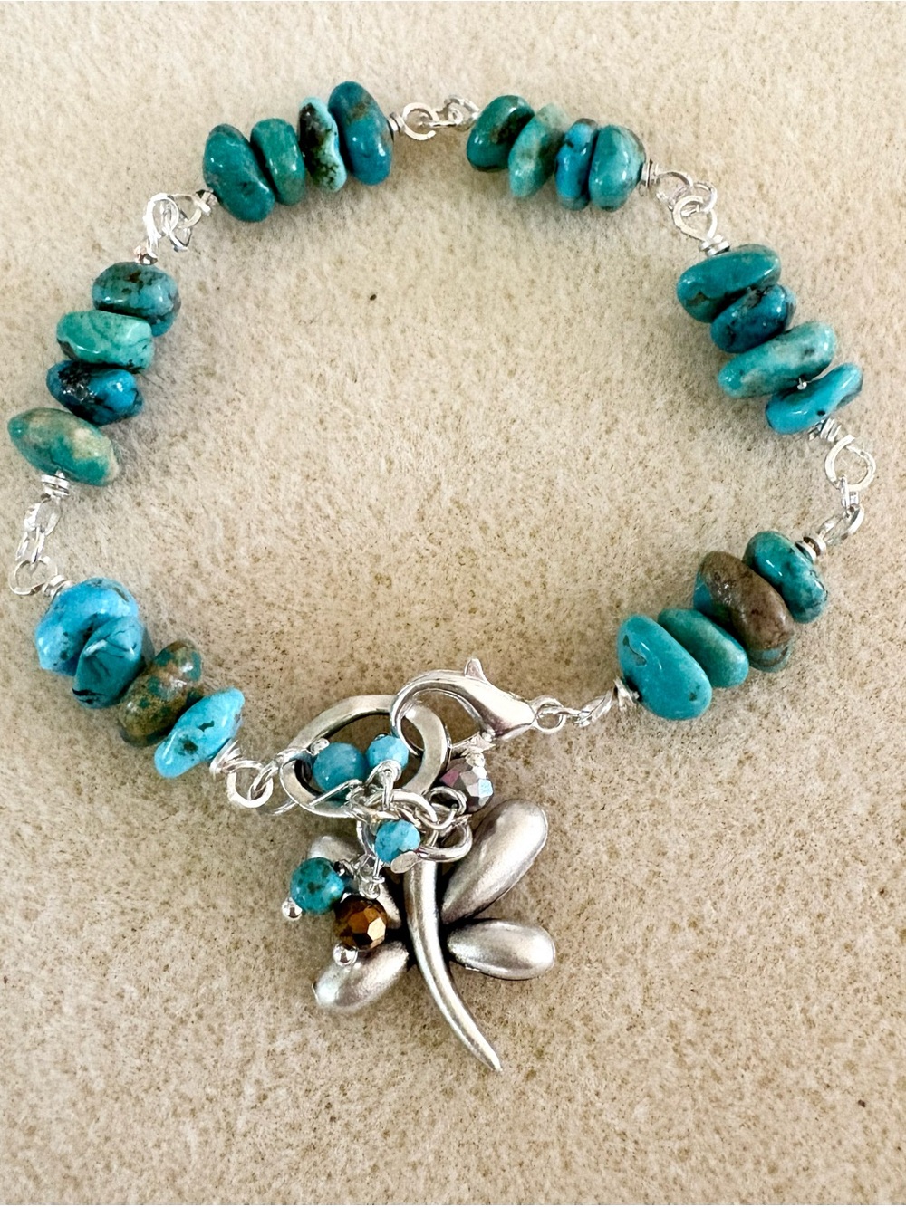 Genuine Turquoise Beaded Bracelet with Dragonfly Charm